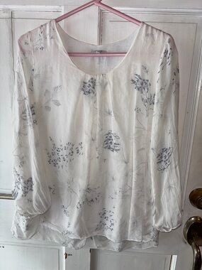 White Silk Floral Long-Sleeve Scoop Neck Blouse